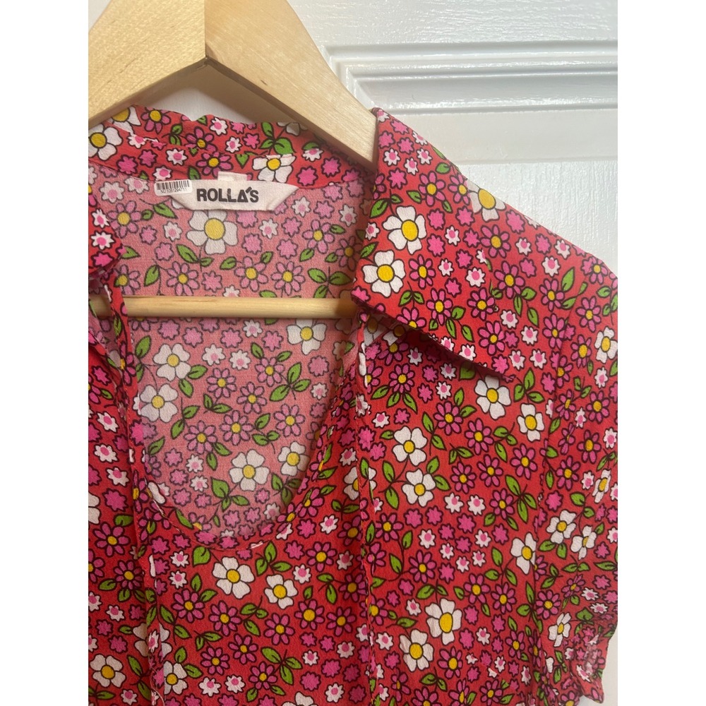 Rolla's Floral Top Red Pink‎ Ditsy Print V-Neck Tie Front Retro Blouse